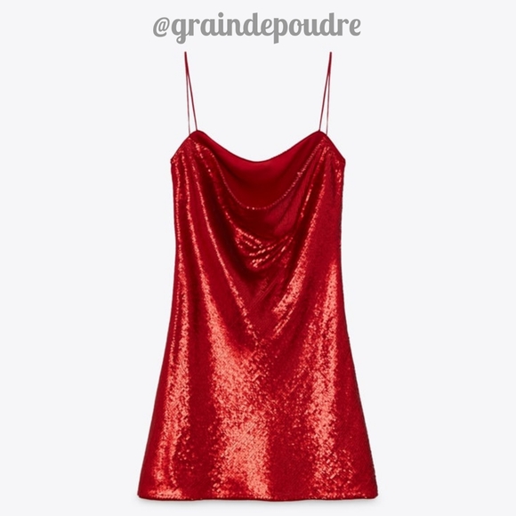Zara Red Sequin Spaghetti Strap Back Cowl Drape Mini Slip Dress XS S - Picture 4 of 6